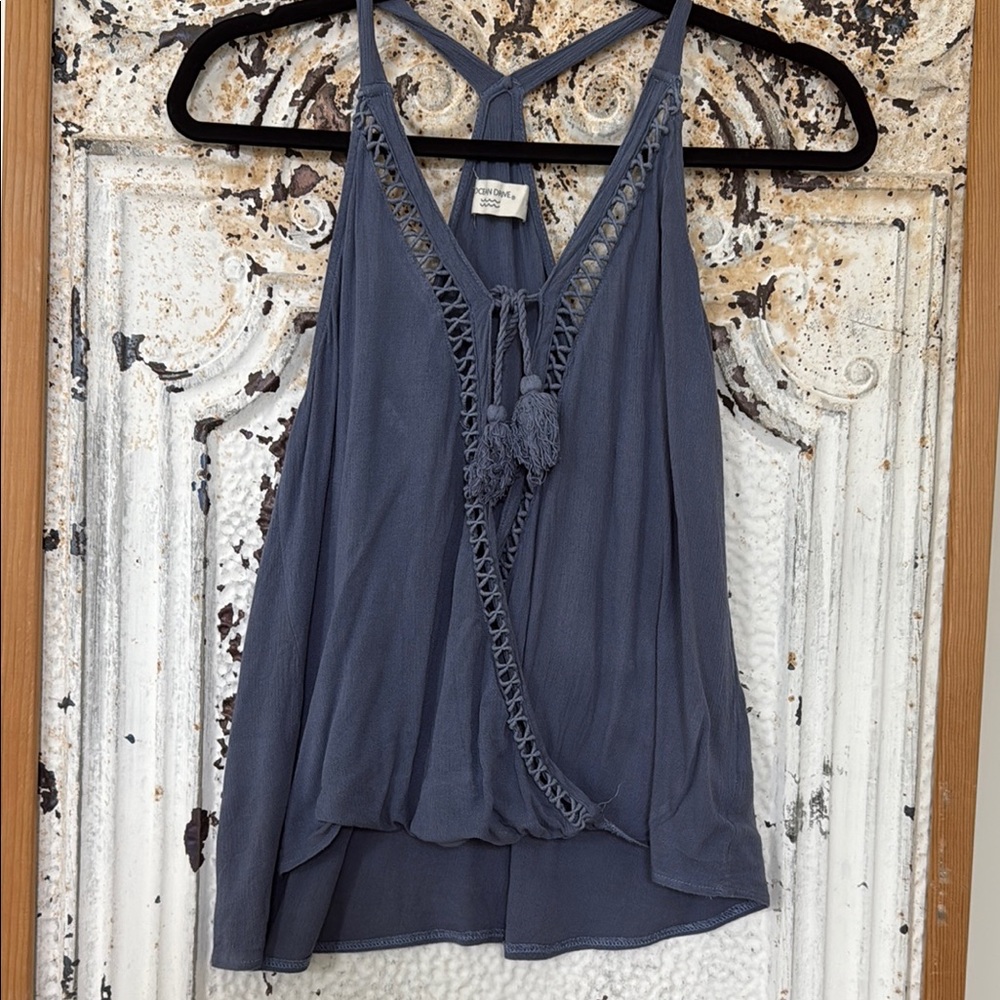Ocean Drive Dusty Blue Surplice Cut Out Tank Top